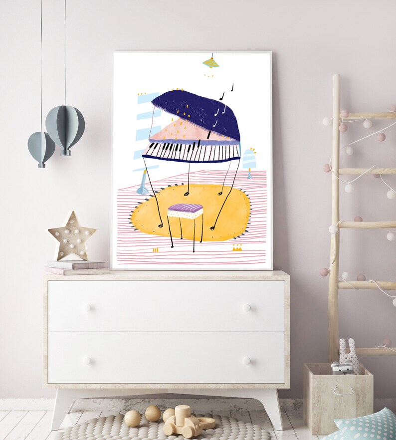 May include: A colorful illustration of a piano with a purple and pink seat on a yellow rug. The piano is surrounded by pink and white stripes and a blue and white striped wall.