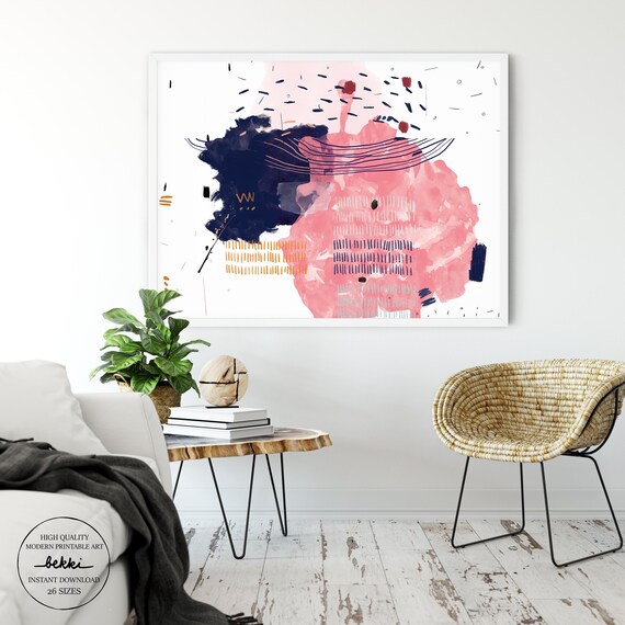 Navy Blue And Pink Printable Wall Art,Blush Pink And Navy Blue Instant Download Printable Art, Pink Navy Abstract Digital Art Download