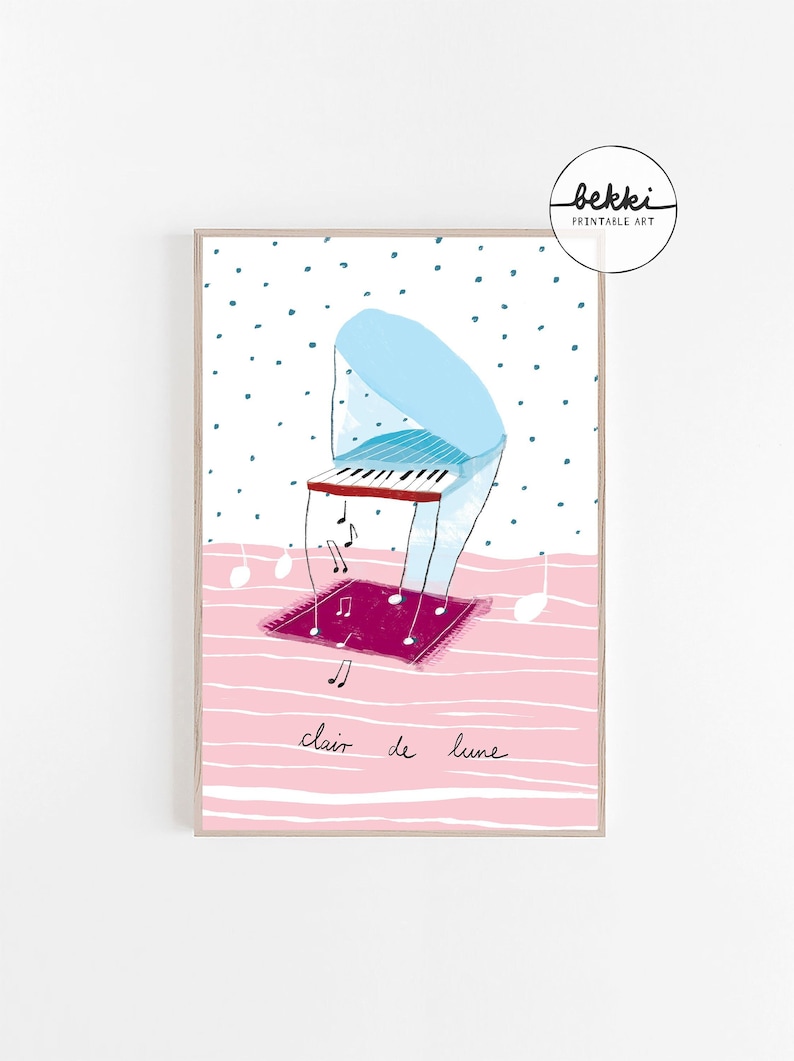 Puede incluir: Una ilustraci&oacute;n de un piano azul y blanco con notas musicales sobre un fondo a rayas rosa y blanco. El texto "clair de lune" est&aacute; escrito debajo del piano.