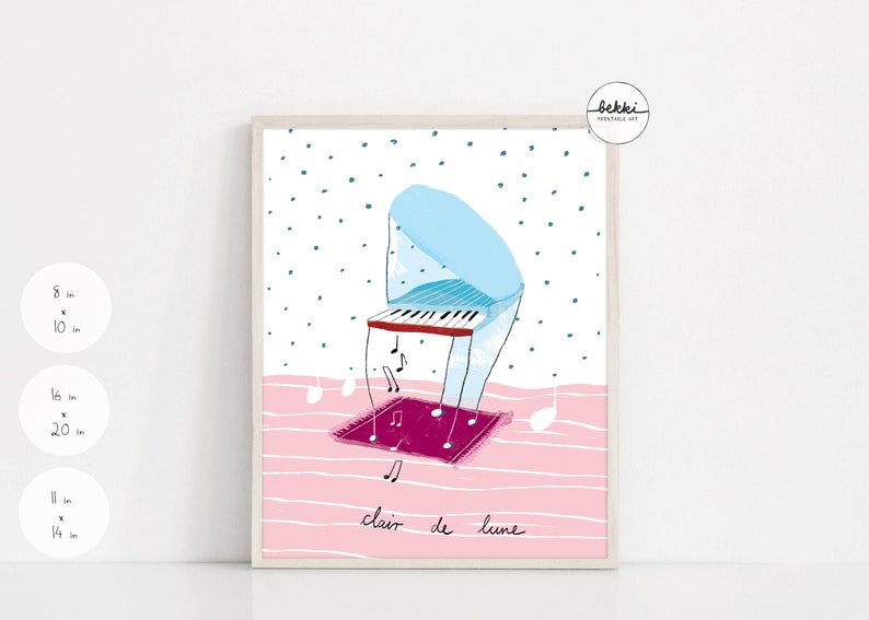 Puede incluir: Una ilustraci&oacute;n azul y blanca de un piano tocando en una alfombra rayada rosa y blanca con el texto "clair de lune" en negro. El fondo es blanco con puntos azules.