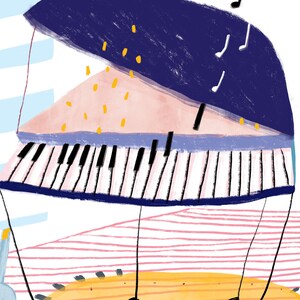 May include: A stylized illustration of a blue and pink piano with black and white keys. The piano is on a yellow and brown floor with a blue and white striped lamp in the background.