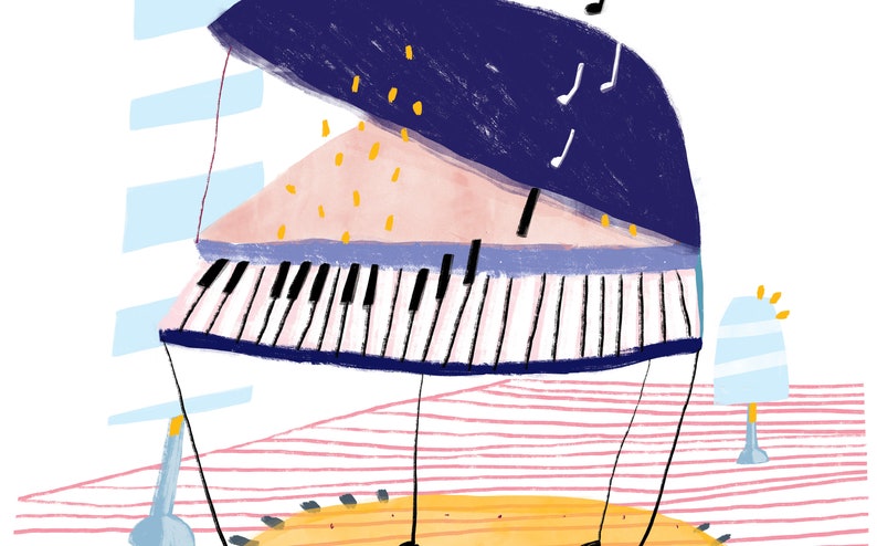 May include: A stylized illustration of a blue and pink piano with black and white keys. The piano is on a yellow and brown floor with a blue and white striped lamp in the background.