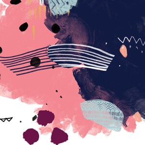 May include: Abstract art print featuring pink, blue and black paint splatters and geometric shapes. The print has a white background with a variety of abstract shapes and patterns.