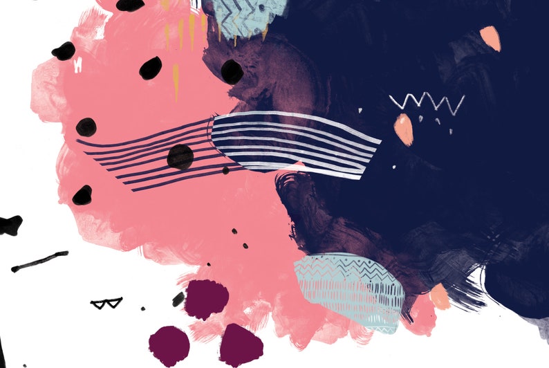 May include: Abstract art print featuring pink, blue and black paint splatters and geometric shapes. The print has a white background with a variety of abstract shapes and patterns.