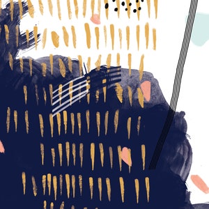 May include: Abstract art print featuring a dark blue background, gold lines, and pink and blue accents.