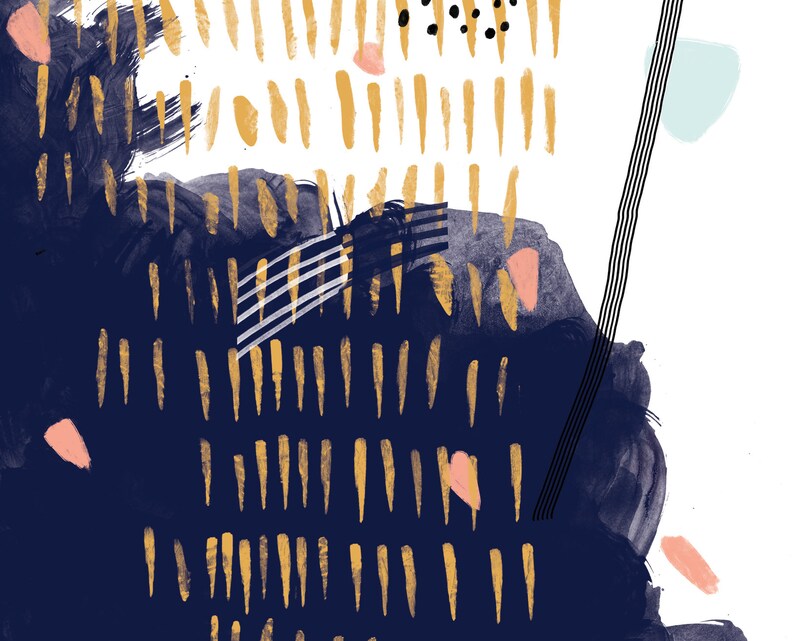 May include: Abstract art print featuring a dark blue background, gold lines, and pink and blue accents.