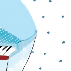 Puede incluir: Un piano de cola azul y blanco con una base roja. El piano est&aacute; parcialmente oscurecido por una forma abstracta azul y blanca. El fondo es blanco con puntos azules.
