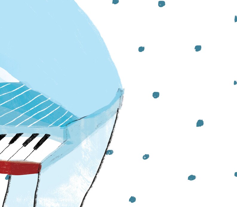 Puede incluir: Un piano de cola azul y blanco con una base roja. El piano est&aacute; parcialmente oscurecido por una forma abstracta azul y blanca. El fondo es blanco con puntos azules.