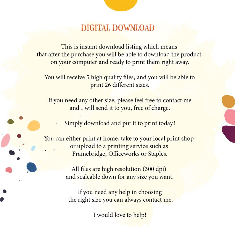 Puede incluir: Texto de una lista de descarga digital con informaci&oacute;n sobre la descarga instant&aacute;nea, los archivos de alta calidad y las opciones de impresi&oacute;n. El texto est&aacute; sobre un fondo amarillo claro con puntos de colores.