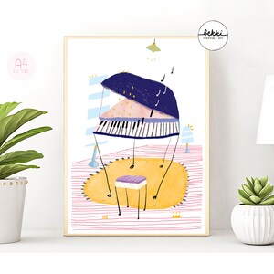 May include: A colorful illustration of a grand piano with a purple and blue body, a pink interior, and black and white keys. The piano is on a yellow rug with a purple and white stool. The illustration is in a minimalist style with a pink and white striped background.