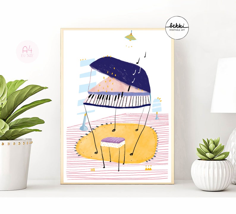 May include: A colorful illustration of a grand piano with a purple and blue body, a pink interior, and black and white keys. The piano is on a yellow rug with a purple and white stool. The illustration is in a minimalist style with a pink and white striped background.