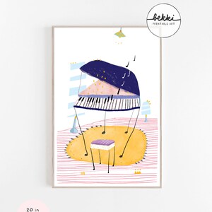 May include: A colorful illustration of a piano with a stool in a room with a striped floor and a yellow rug. The piano is blue, pink, and white. The stool is purple and yellow. The room is pink and white.