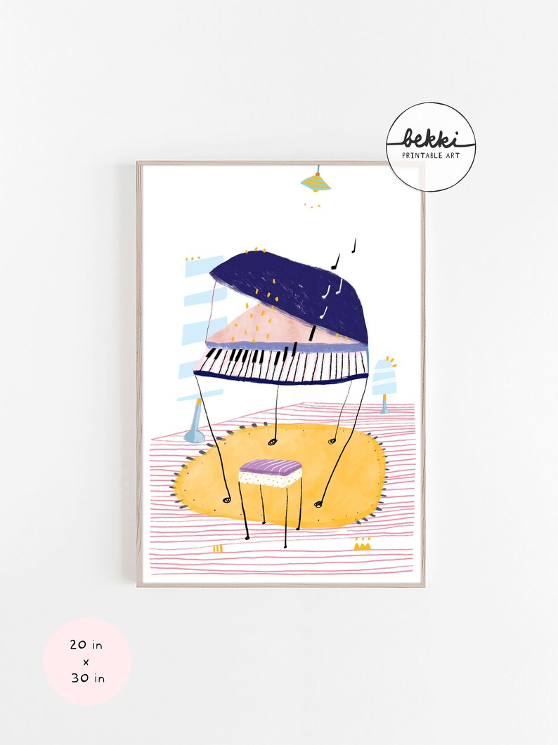May include: A colorful illustration of a piano with a stool in a room with a striped floor and a yellow rug. The piano is blue, pink, and white. The stool is purple and yellow. The room is pink and white.