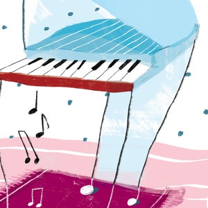 Puede incluir: Un piano azul y blanco con teclas rojas y notas musicales sobre un fondo rosa y blanco.