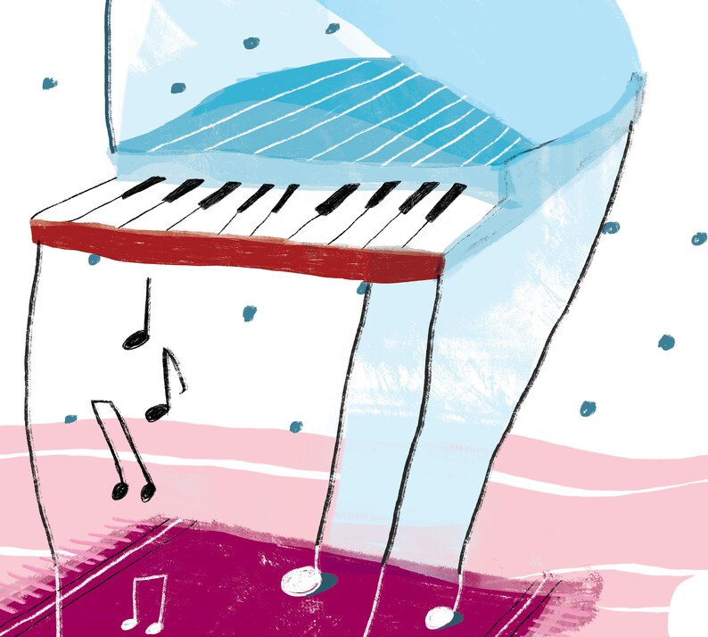 Puede incluir: Un piano azul y blanco con teclas rojas y notas musicales sobre un fondo rosa y blanco.