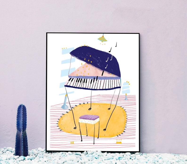May include: A colorful illustration of a grand piano with a yellow rug and a small stool. The piano is blue, pink, and white with black keys. The rug is yellow with a red and white striped border. The stool is purple and white.