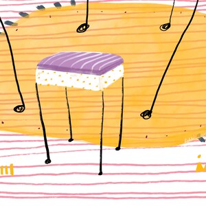 May include: A purple and white striped stool with four legs sits on a yellow background with black lines. The stool is surrounded by four black lines with circles at the ends.