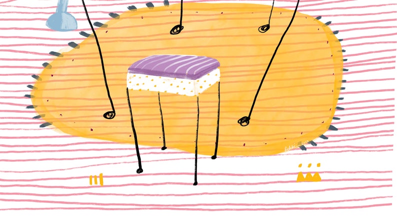 May include: A purple and white striped stool with four legs sits on a yellow background with black lines. The stool is surrounded by four black lines with circles at the ends.