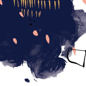 May include: Abstract art print with a dark blue background, pink and gold accents, and a black and white square shape.