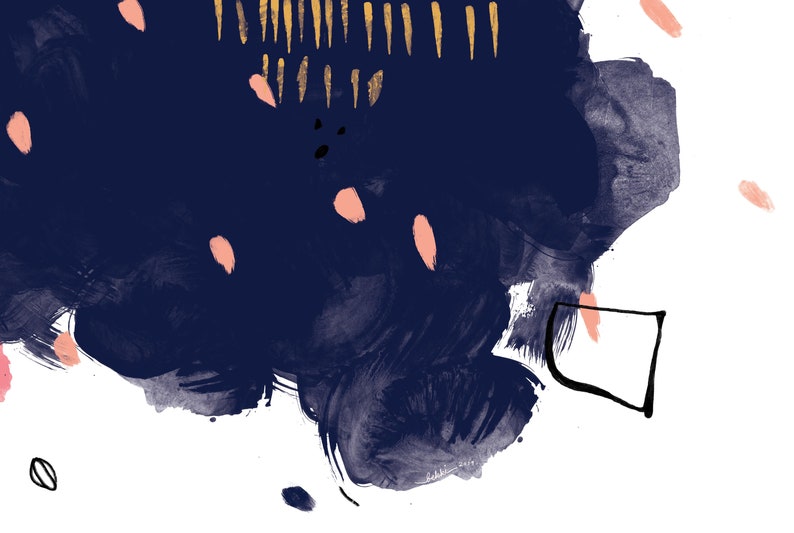 May include: Abstract art print with a dark blue background, pink and gold accents, and a black and white square shape.