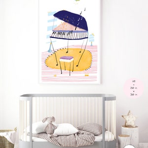 May include: A colorful illustration of a piano with a stool on a yellow rug. The piano is blue, pink, and white with black keys. The rug is on a pink and white striped background. The illustration is framed and measures 20 inches by 30 inches.