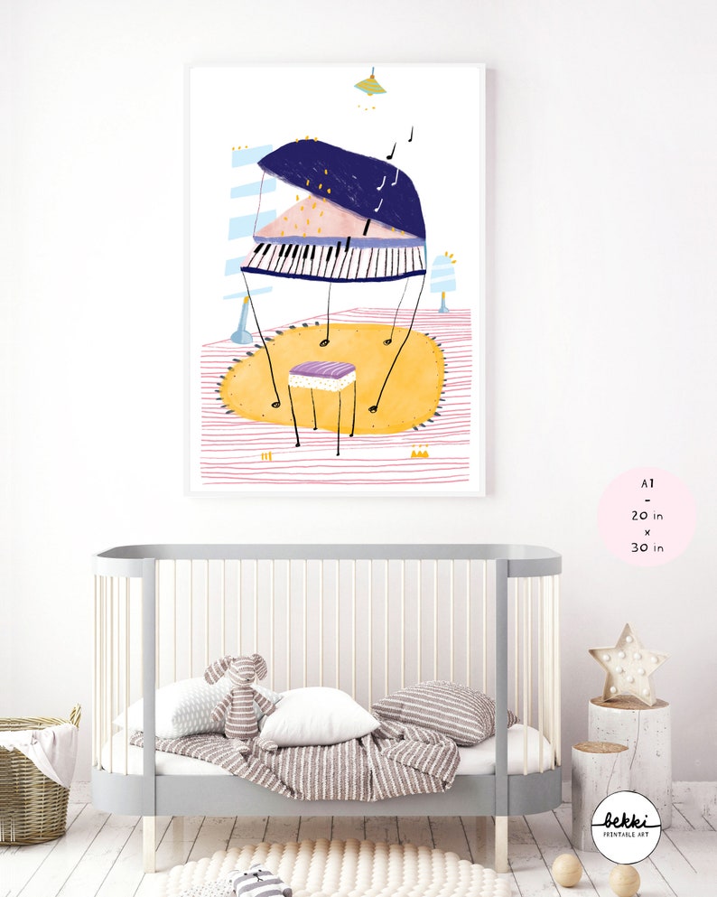 May include: A colorful illustration of a piano with a stool on a yellow rug. The piano is blue, pink, and white with black keys. The rug is on a pink and white striped background. The illustration is framed and measures 20 inches by 30 inches.