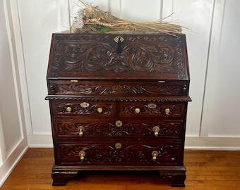 Antique 18th Century Hand Carved English Oak Fall Front Green Man Secretary Desk