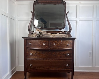 Antique Vintage Dark Oak Dresser With Mirror