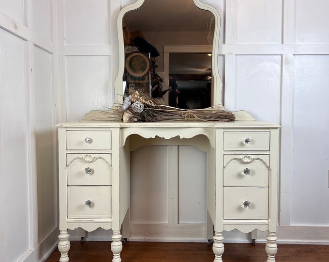 Vintage Antique White Make up Vanity With Mirror English County French