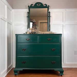 Vintage Antique Farmhouse Cottage Colonial Green Dresser with Mirror