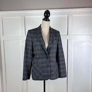 Vintage 1970s  Weathervane Blue Gray Plaid  Wool Blazer Size 10, ILGWU Labor Union