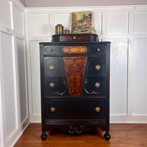 Antique Vintage 1920s Jacobean Tall Upright Black and Wood Dresser