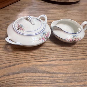 Cannonsburg Antique China Sugar Bowl and Creamer Basket of Flowers.