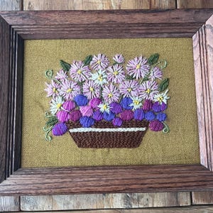 Vintage 1960s Hand Embroidered Crewel Floral Wall Hanging Picture
