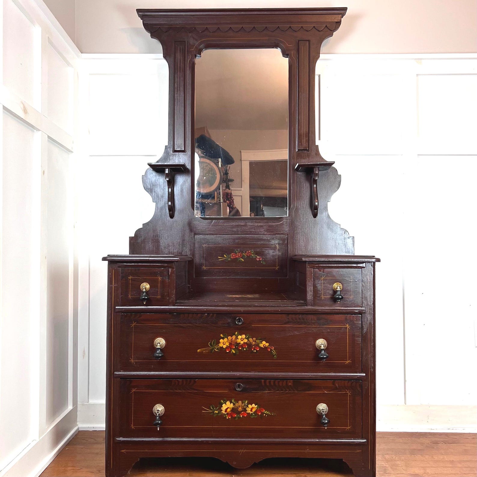 Antique Victorian Eastlake Cottage Painted Floral Dresser Vanity ...