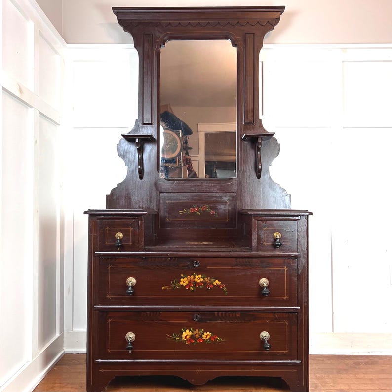 Antique Victorian Eastlake Cottage Painted Floral Dresser Vanity ...
