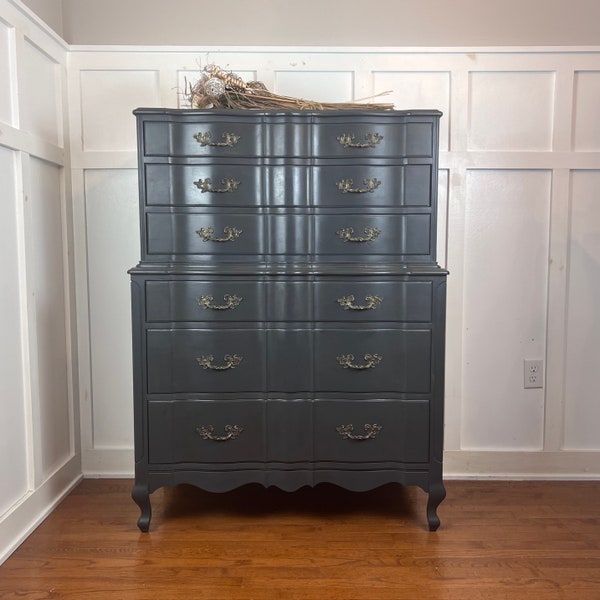 Gray Mid Century French Provincial Tall Dresser Bureau Chest of Drawers