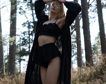 CLOUDBERRY ᛟ black organic linen coat dress, oversized below knee length linen robe, optional set of bralette and shorts