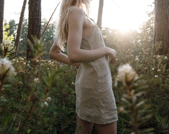 ANGELICA ᛒ beige organic linen slip dress, sustainable handmade nightwear