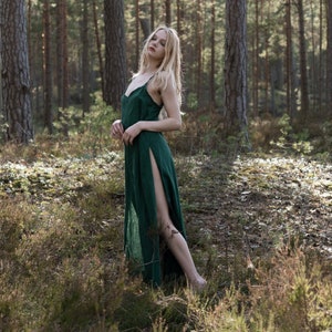 MUGWORT ᛒ green organic linen long night slip dress with splits, nightwear