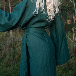 FOREST ᛟ green organic linen kimono, knee length linen night robe, long bathrobe