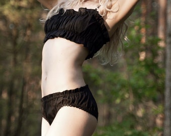 SNOWDROP ᛝ black organic linen lingerie set with a crop top bralette and panties, underwear