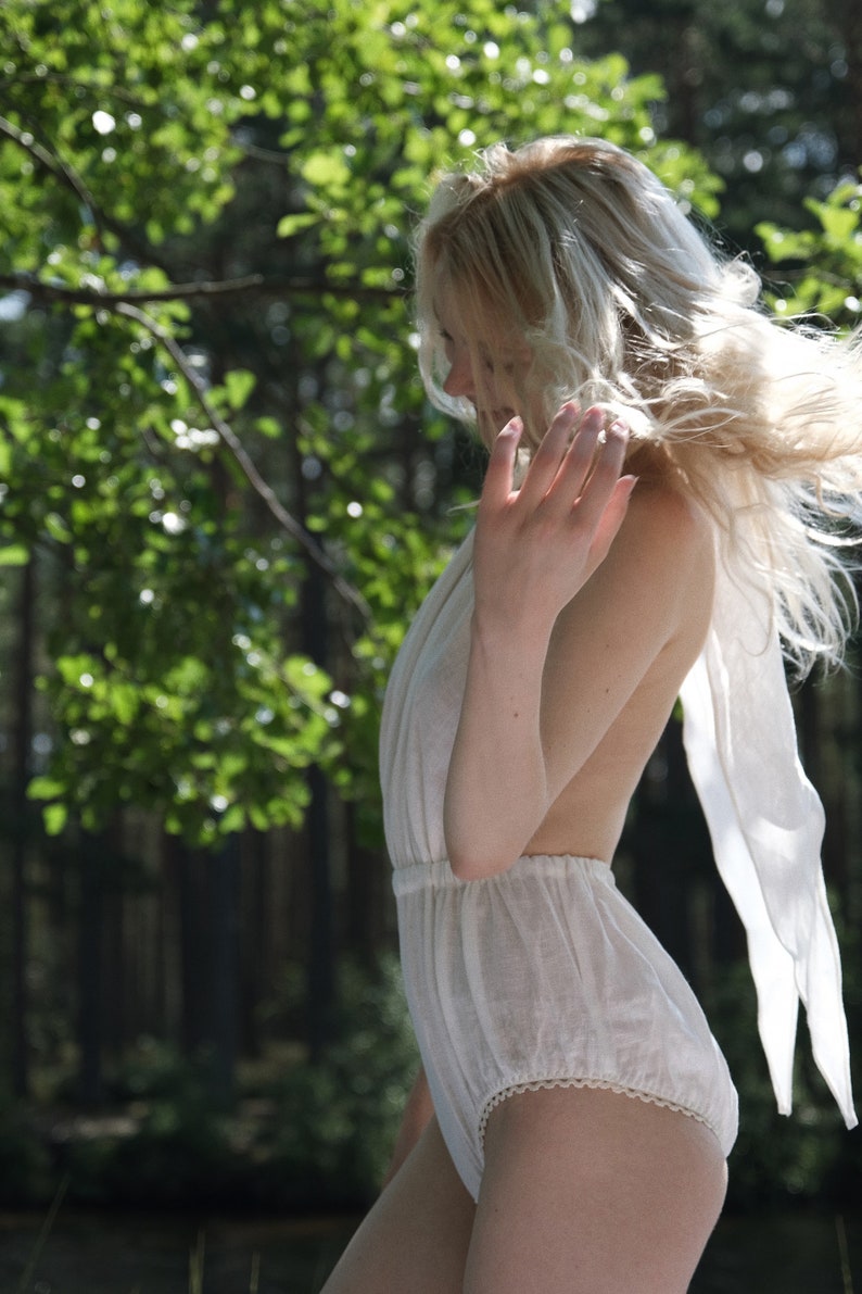 Organic, sustainable, sexy white linen bodysuit with naked back and bow straps. This linen lingerie bodice is natural, comfortable, soft and pure. It can be worn as a swimsuit. This underwear is a conscious, healthy choice for your body, environment.