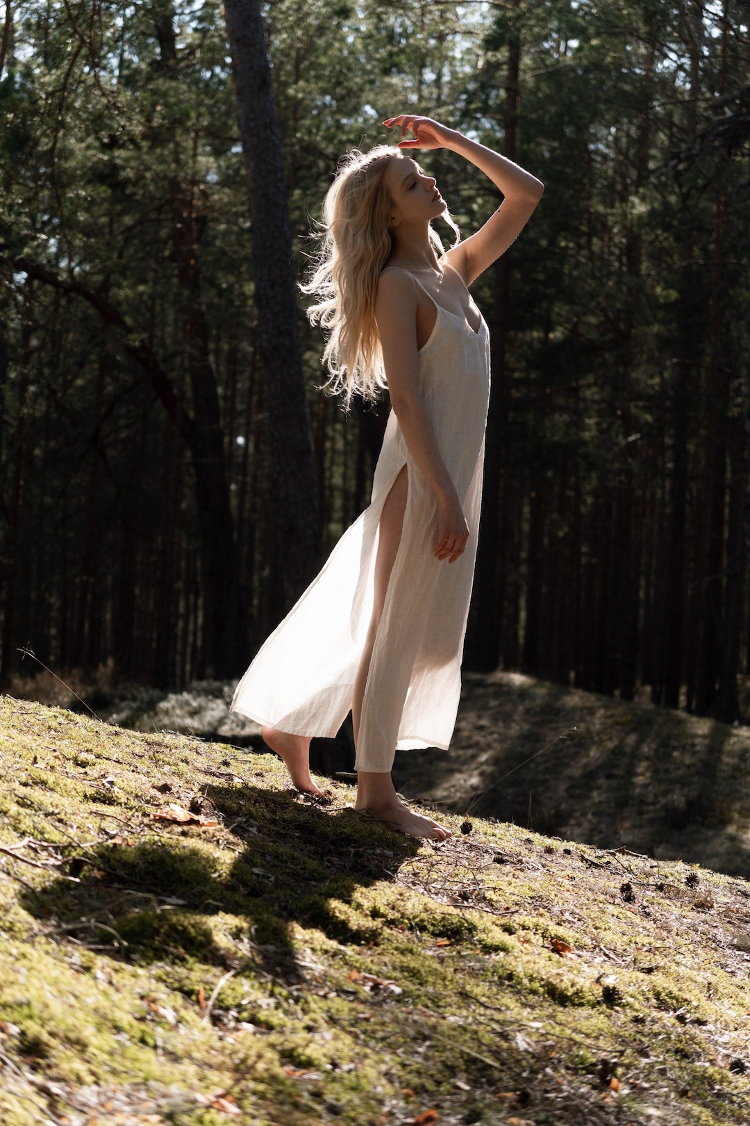 MUGWORT ᛒ White Organic Linen Long Night Slip Dress With Splits, Nightwear  -  Canada