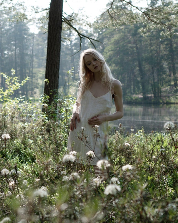 ANGELICA ᛒ White Organic Linen Night Slip Dress, Nightwear 