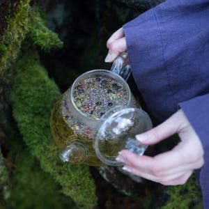 May include: A clear glass teapot filled with herbal tea, with the lid being lifted. The tea contains various dried herbs and flowers. The background features a moss-covered tree trunk and a person's purple sleeve.