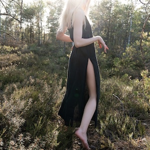 MUGWORT ᛒ black organic linen long night slip dress with splits, nightwear