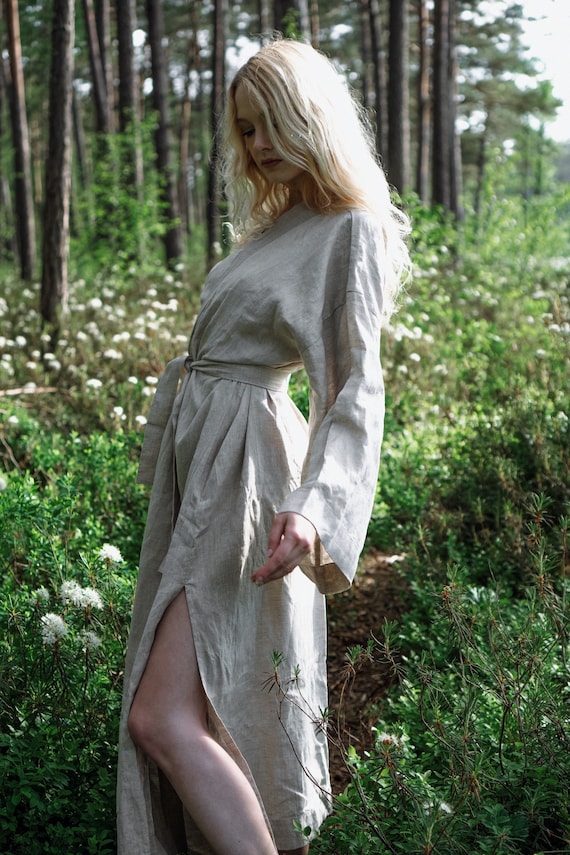 【Raucohouse】Ethnic linen see-through long sleeve JUNIPER ᛟ Beige Organic Linen Kimono, Long Linen Night Robe