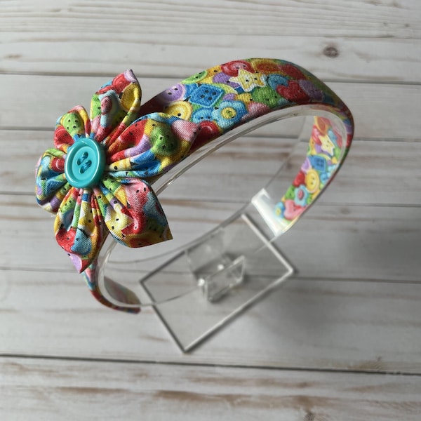buttons galore headband with flower, colorful hair accessories, headband for women, headband for girls, handmade gift