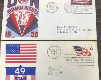 UN United Nations 3 cent Stamp 1956 & 49 Star American Flag 4 Cent Stamp 1959 on Envelopes First Day of Issue Excellent Condition